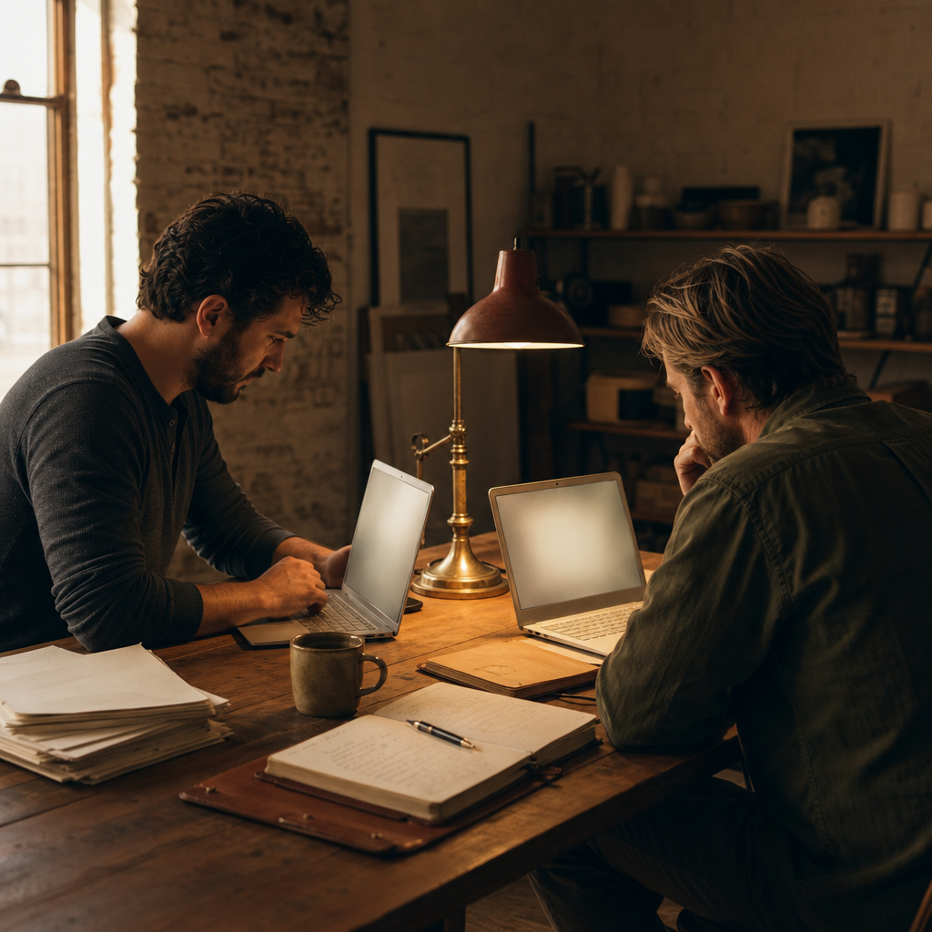 Two operators at a warm wood workbench, focused on laptops — reviewing today's outbound drafts before they go out.
