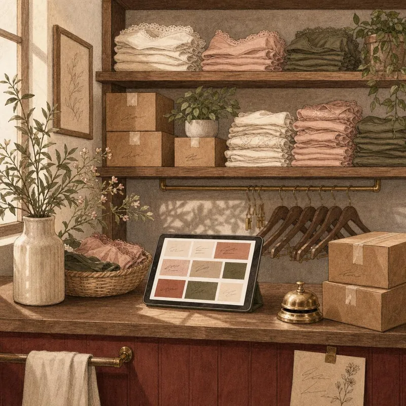 示意图：精品店的后仓，货架上叠放整齐的货品，纸箱，柜台上有一台平板。