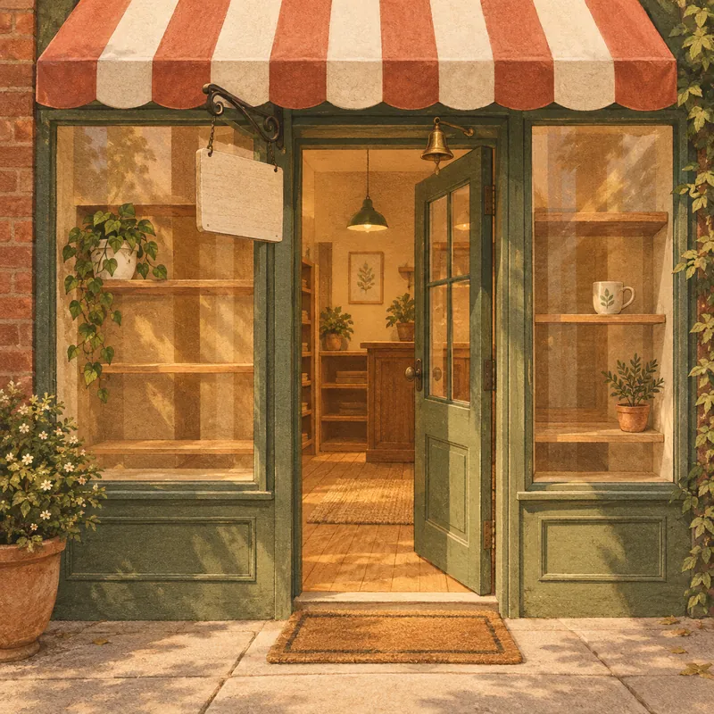 示意图：一间空着的小店铺，门开着，招牌还是空白，货架空着，等人入驻。